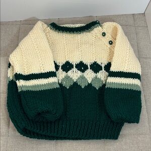 Vintage. Hand made. New. Green and Cream Knit Sweater